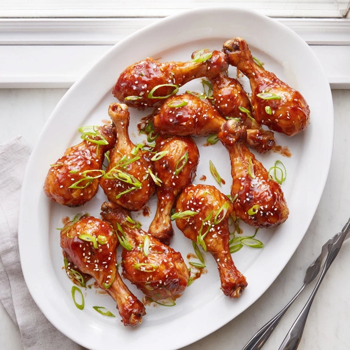 Fall-off-the-bone slow cooker Asian glazed chicken drumsticks with caramelized edges, sprinkled with white sesame seeds and sliced green onions