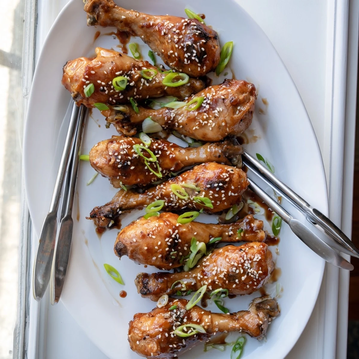 Tender slow cooker Asian glazed chicken drumsticks brushed with thickened savory glaze and finished with fresh scallions on a serving platter