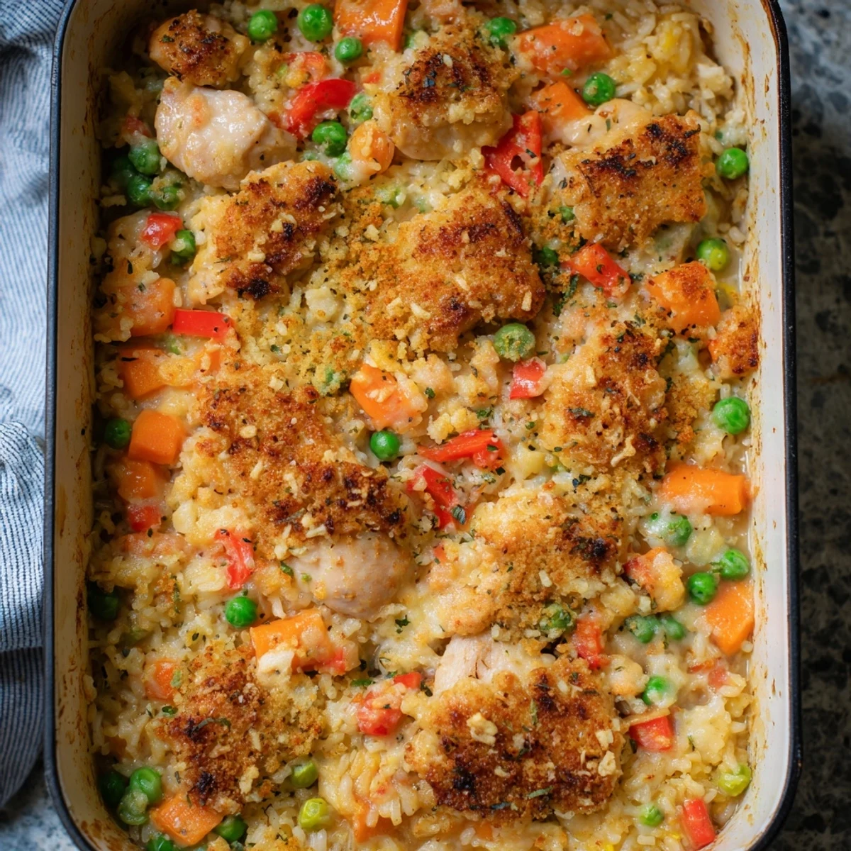Bubbling cheese atop Macau style baked Portuguese chicken rice with colorful vegetables
