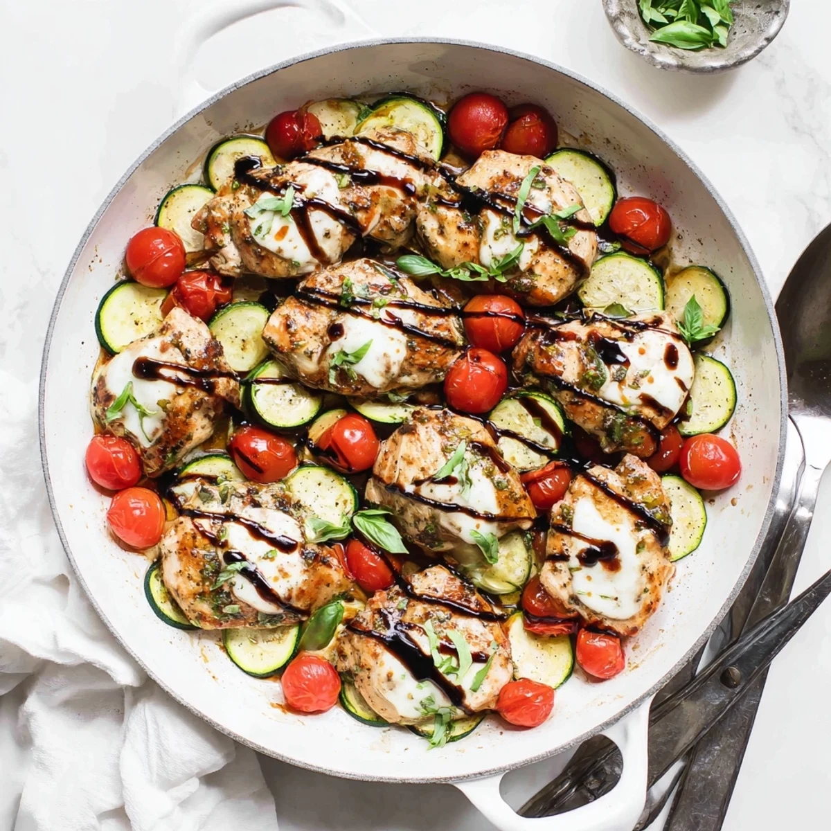 Golden chicken breasts topped with melted mozzarella nestled among zucchini rounds and cherry tomatoes