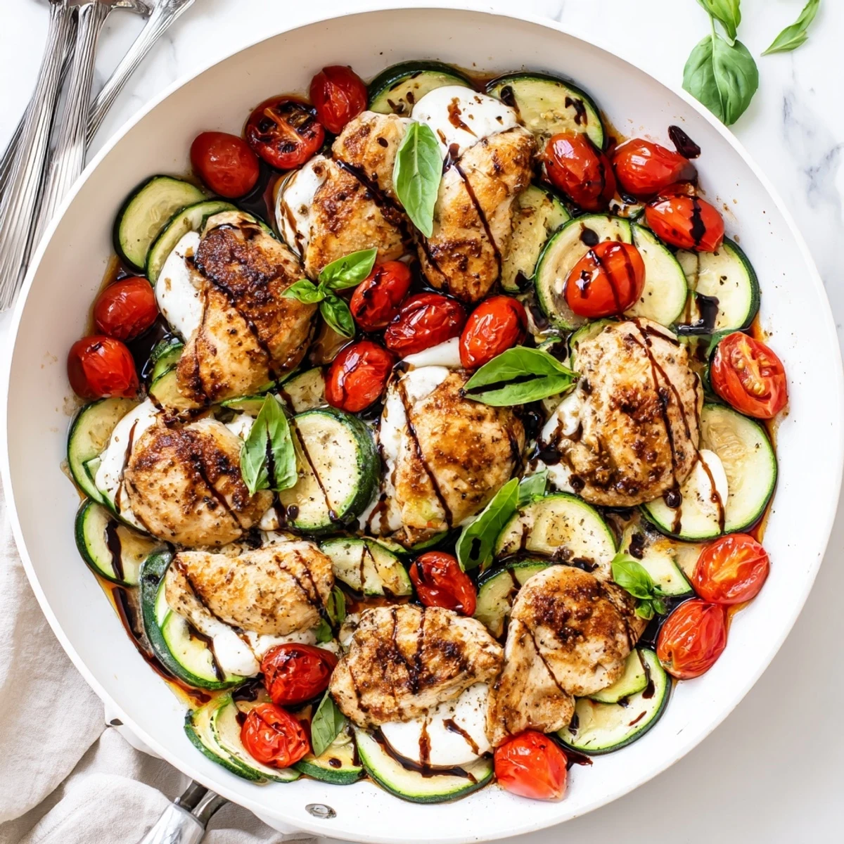 One-pan Caprese chicken skillet featuring juicy meat with fresh basil and balsamic glaze drizzle