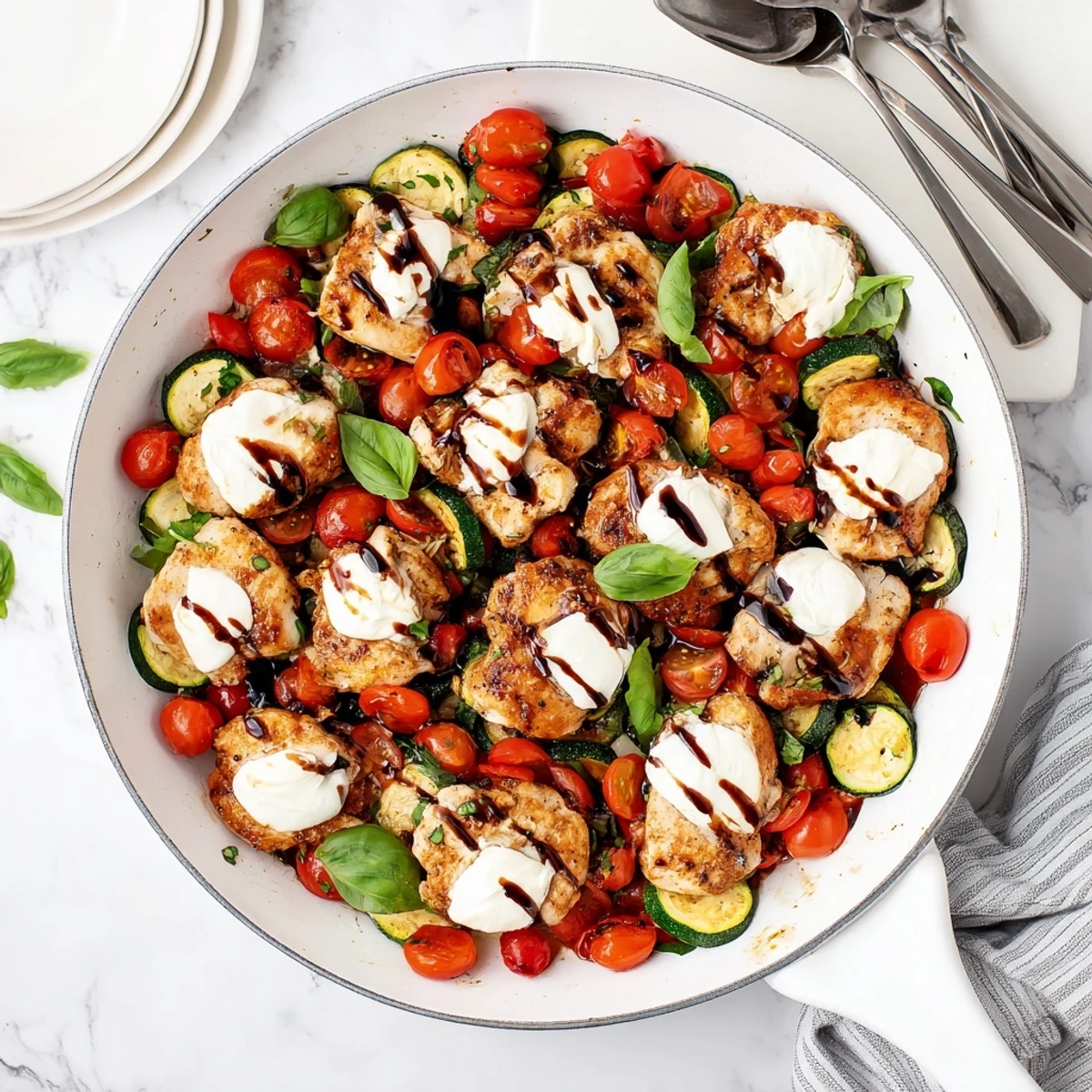 Sizzling Italian-inspired chicken with creamy mozzarella, tender zucchini, and ripe tomatoes in a skillet
