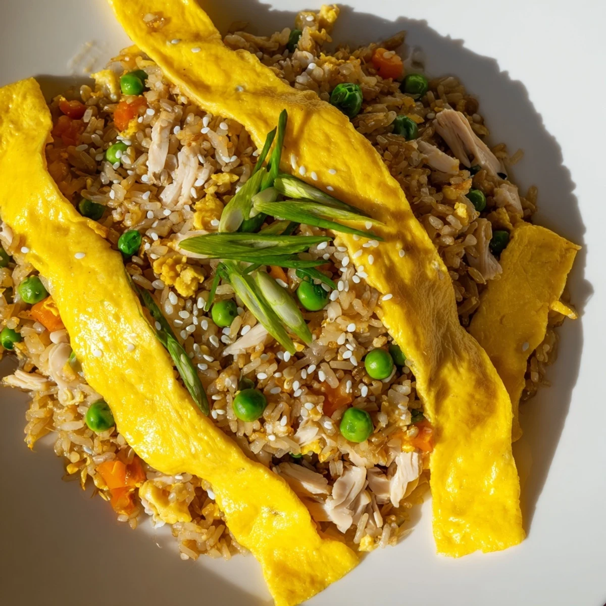 Steamy bowl of chicken fried rice garnished with sliced egg omelette and fresh scallions
