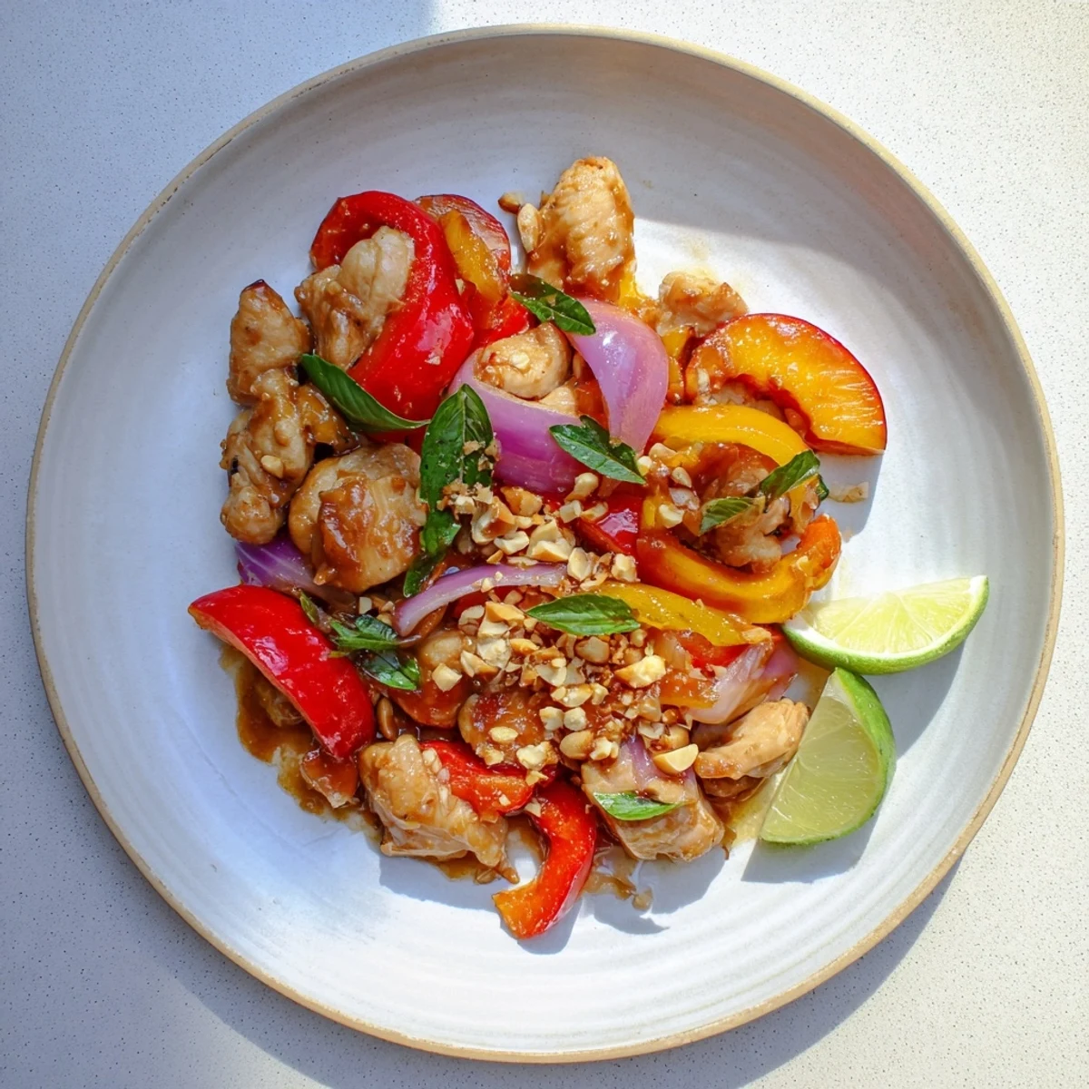 Golden brown Thai Peach Chicken pieces nestled in a glossy sweet-spicy sauce with colorful bell peppers and fresh peaches