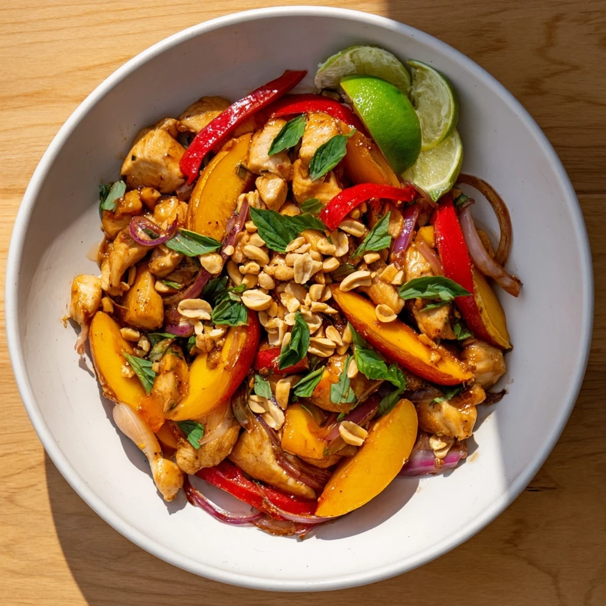 Vibrant Thai Peach Chicken stir-fry featuring tender chicken, ripe peach slices, and aromatic basil garnish over steaming rice