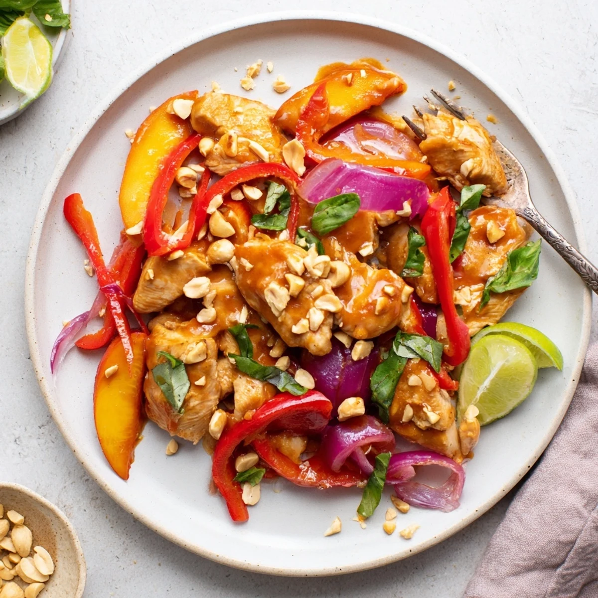 Close-up of Thai Peach Chicken in a rich caramelized glaze with red peppers, onions, and chopped peanuts sprinkled on top