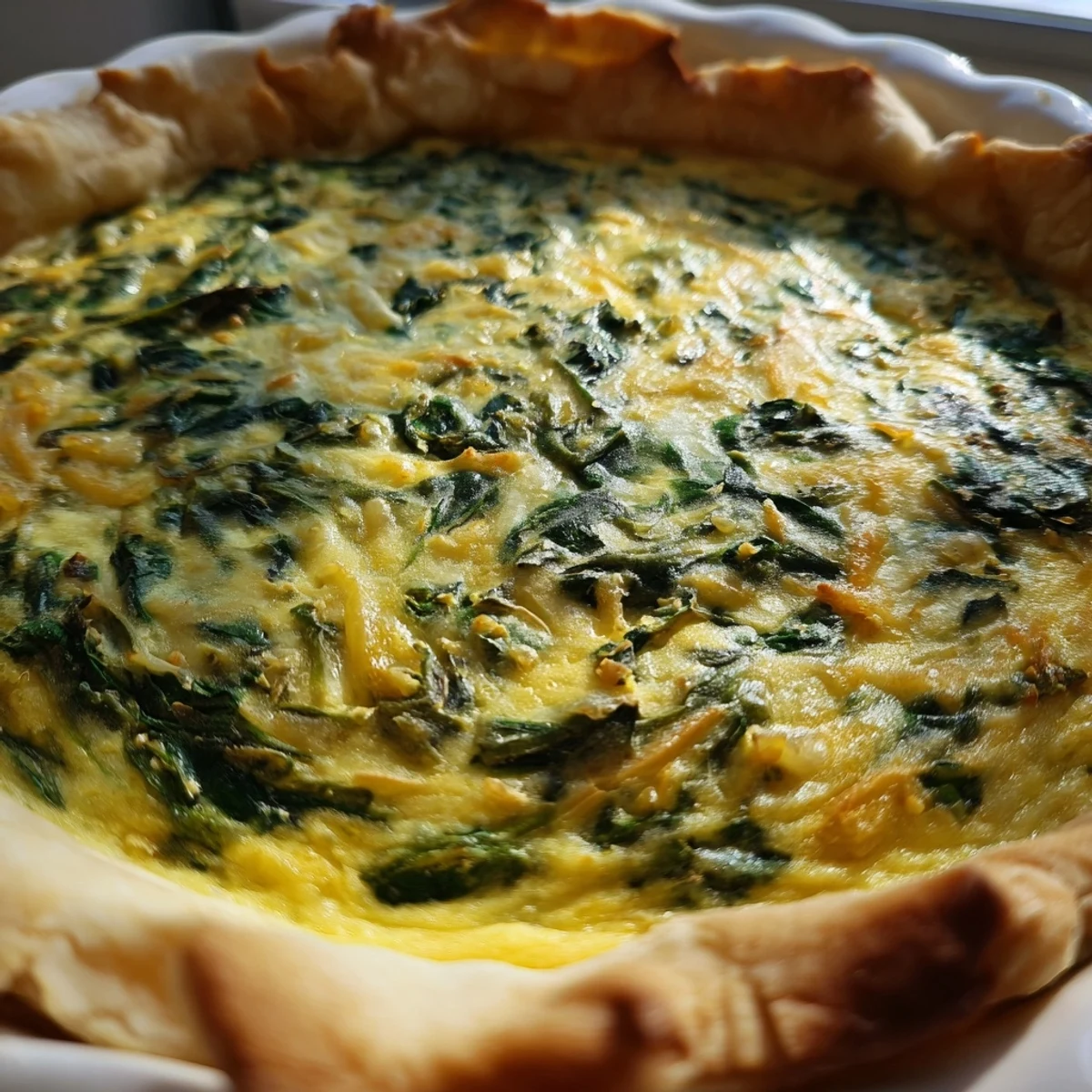 Golden sliced egg pie with silverbeet and ricotta on a white serving plate