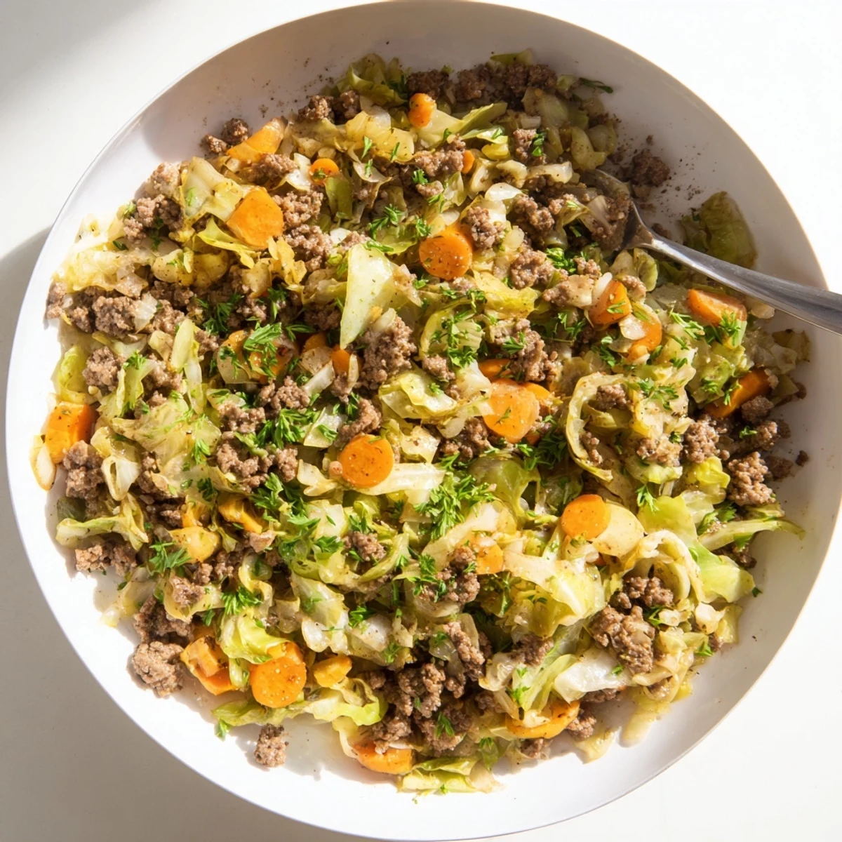Golden skillet of savory Irish ground beef and cabbage with tender wilted vegetables and fresh parsley garnish