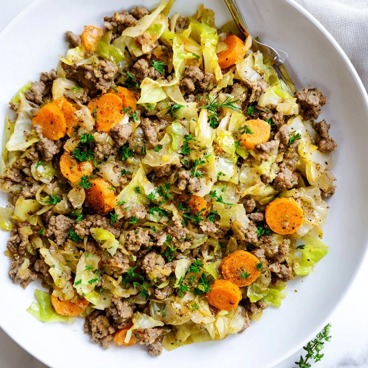 Hearty Irish ground beef and cabbage skillet featuring browned meat, colorful carrots, and soft green cabbage in a rich broth