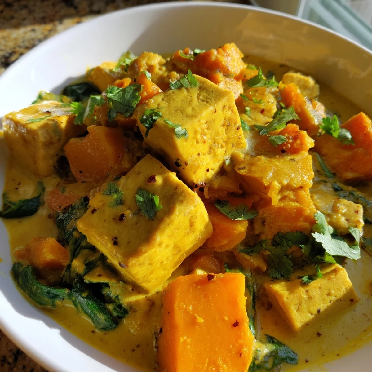 Creamy vegetarian pumpkin tofu curry with golden crispy tofu cubes in aromatic spiced coconut sauce