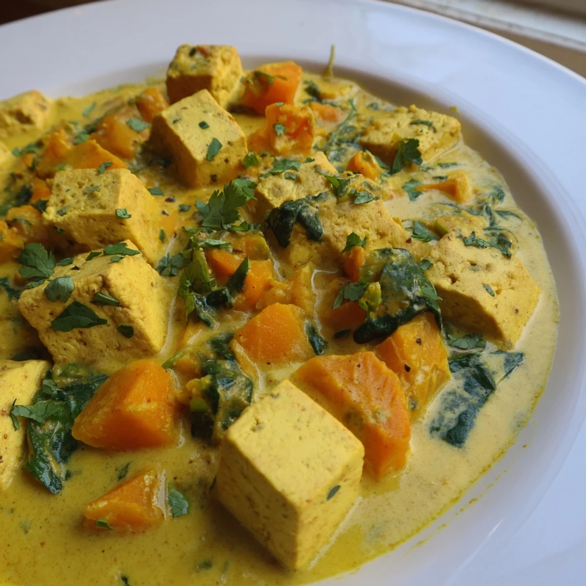 Golden pumpkin and tofu curry bowl garnished with fresh cilantro and served over steamed white rice