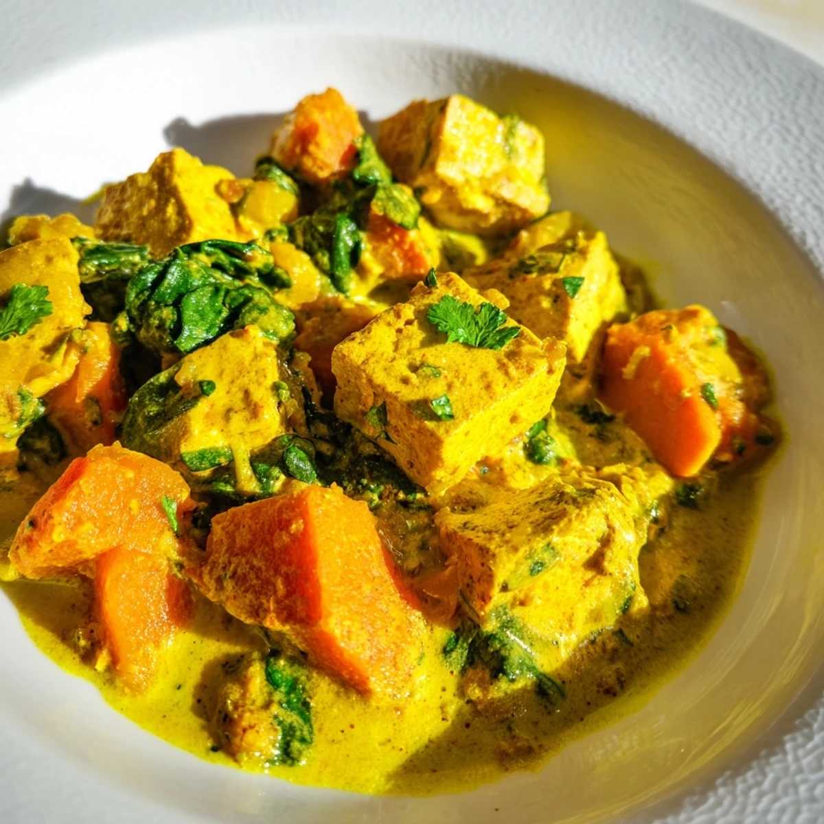 Vibrant Indian-inspired vegetarian pumpkin tofu curry featuring tender pumpkin chunks and crispy fried tofu in rich coconut milk broth