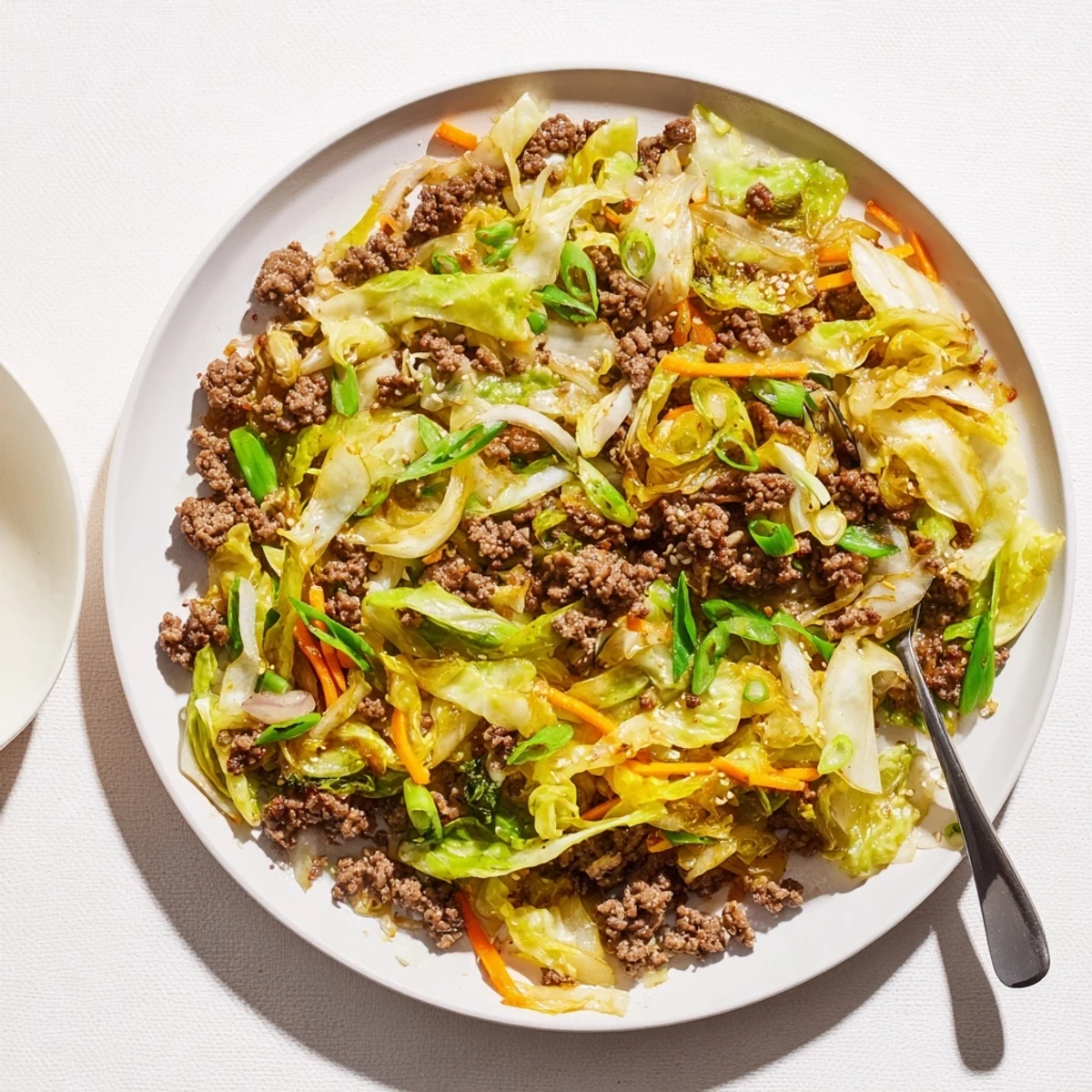 Golden brown ground beef and crisp green cabbage stir fried in a savory Asian sauce with fresh vegetables