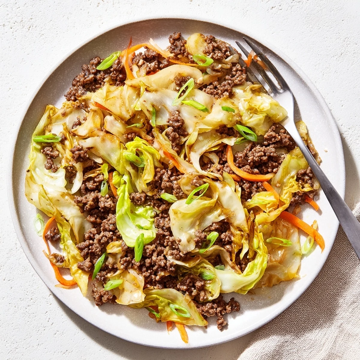 Tender ground beef mixed with thinly sliced cabbage and carrots in a glossy soy sesame sauce