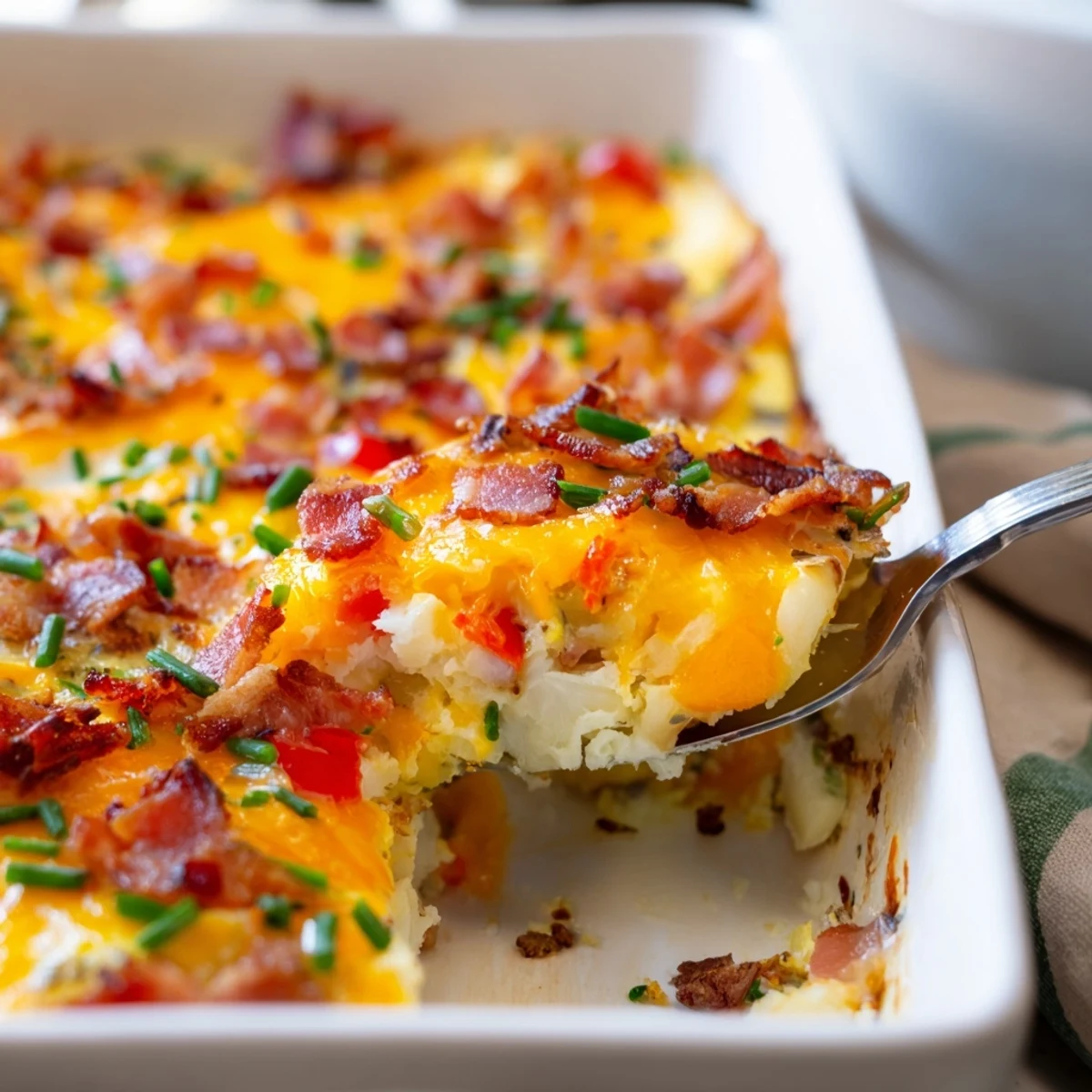Golden bubbling brekkie bake for dinner with crispy bacon, melted cheese and fluffy baked eggs