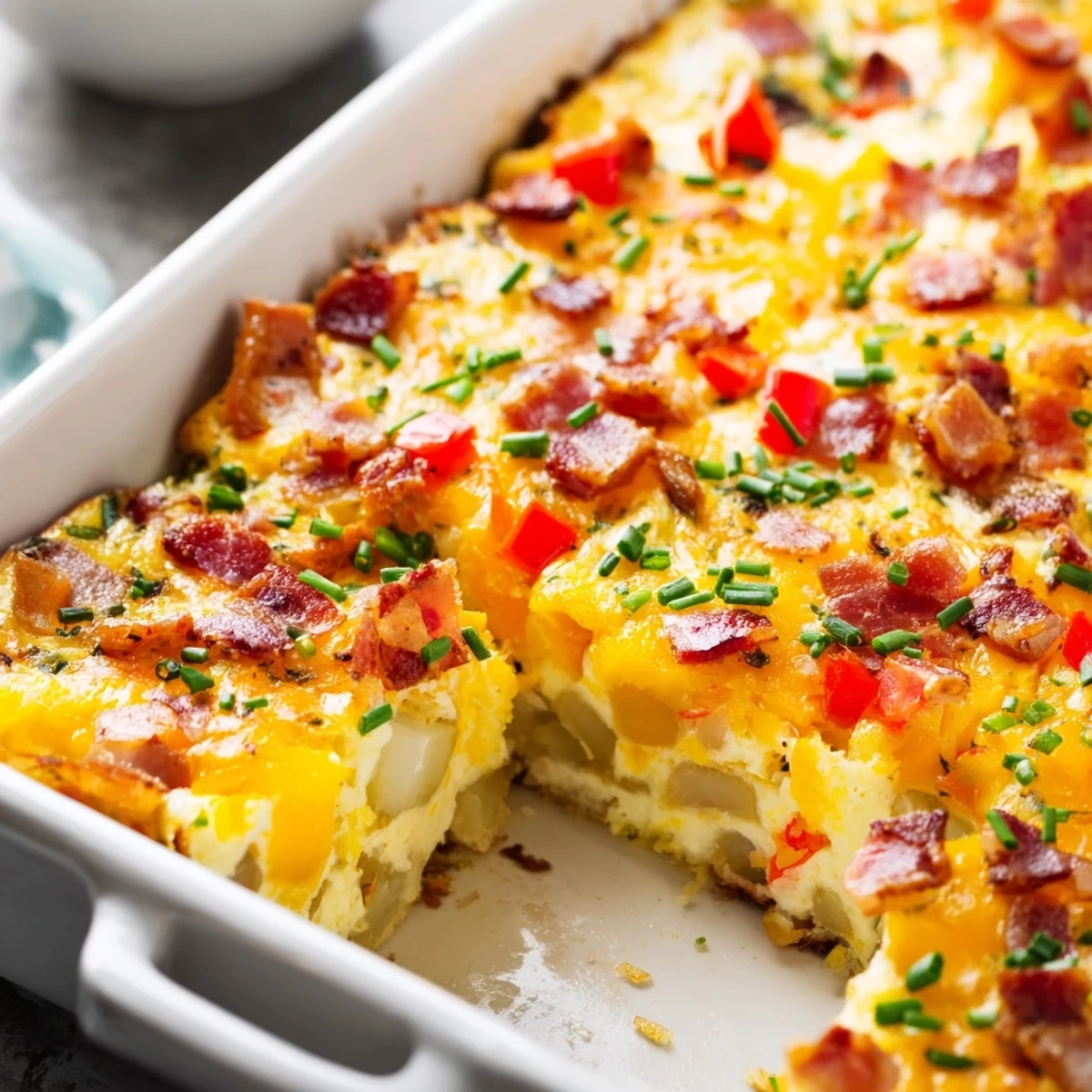 Hearty breakfast casserole served for dinner featuring diced potatoes, colorful peppers and cheddar topping