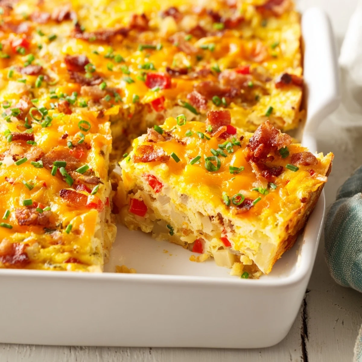 Family-friendly brekkie bake for dinner fresh from the oven with sprinkled chives and savory bacon