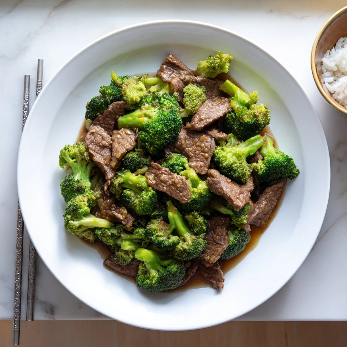 Sizzling skillet of beef and broccoli over steamed white rice with savory glaze and fresh aromatic ginger garnish