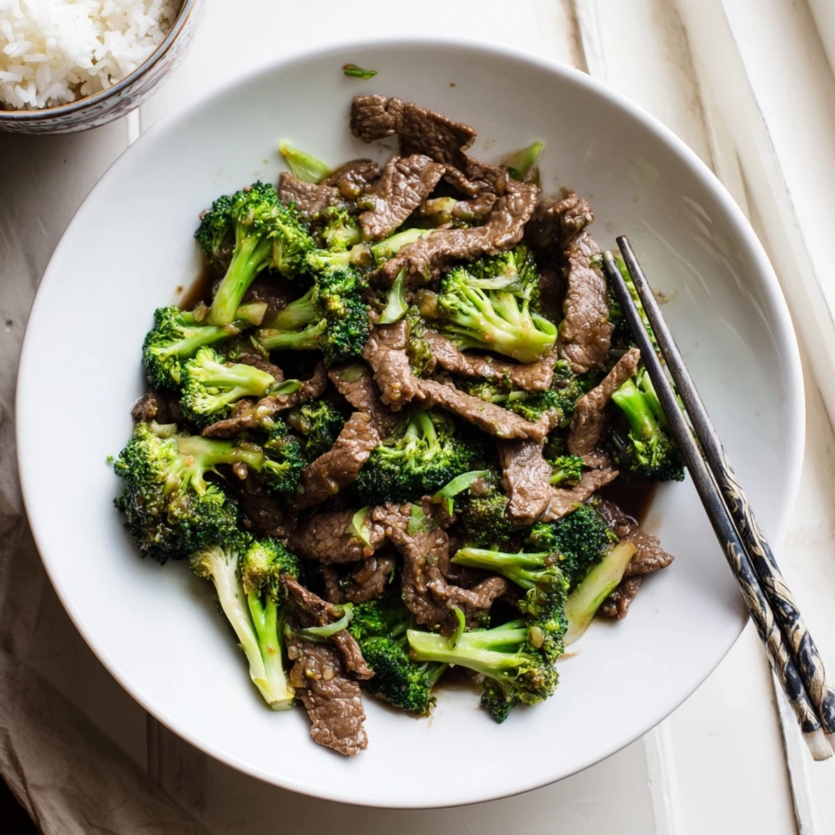 Classic beef and broccoli Chinese-American dish with crispy broccoli and caramelized beef slices in rich dark umami sauce