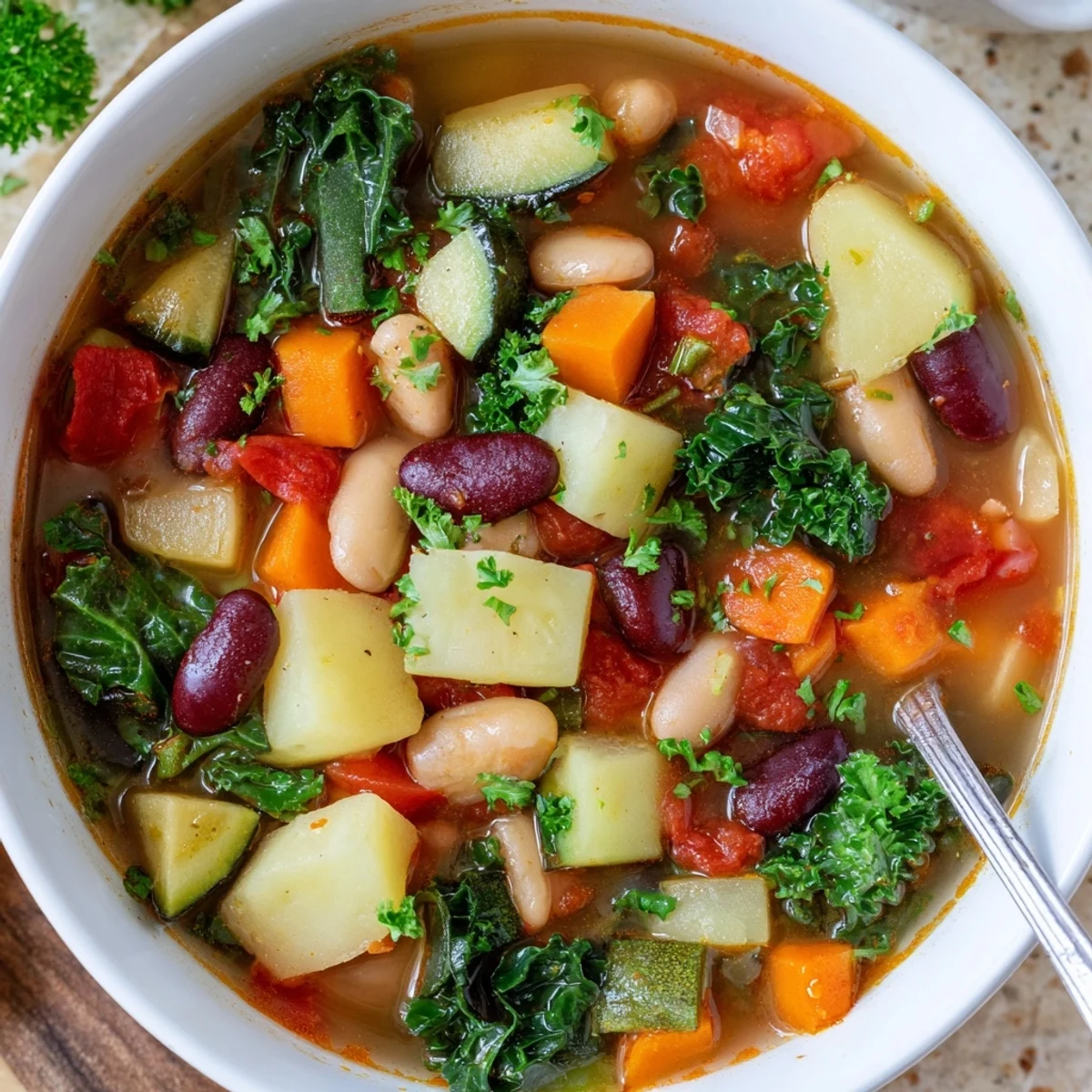 Steaming bowl of hearty vegetable and bean soup filled with colorful tender vegetables and beans in rich broth.