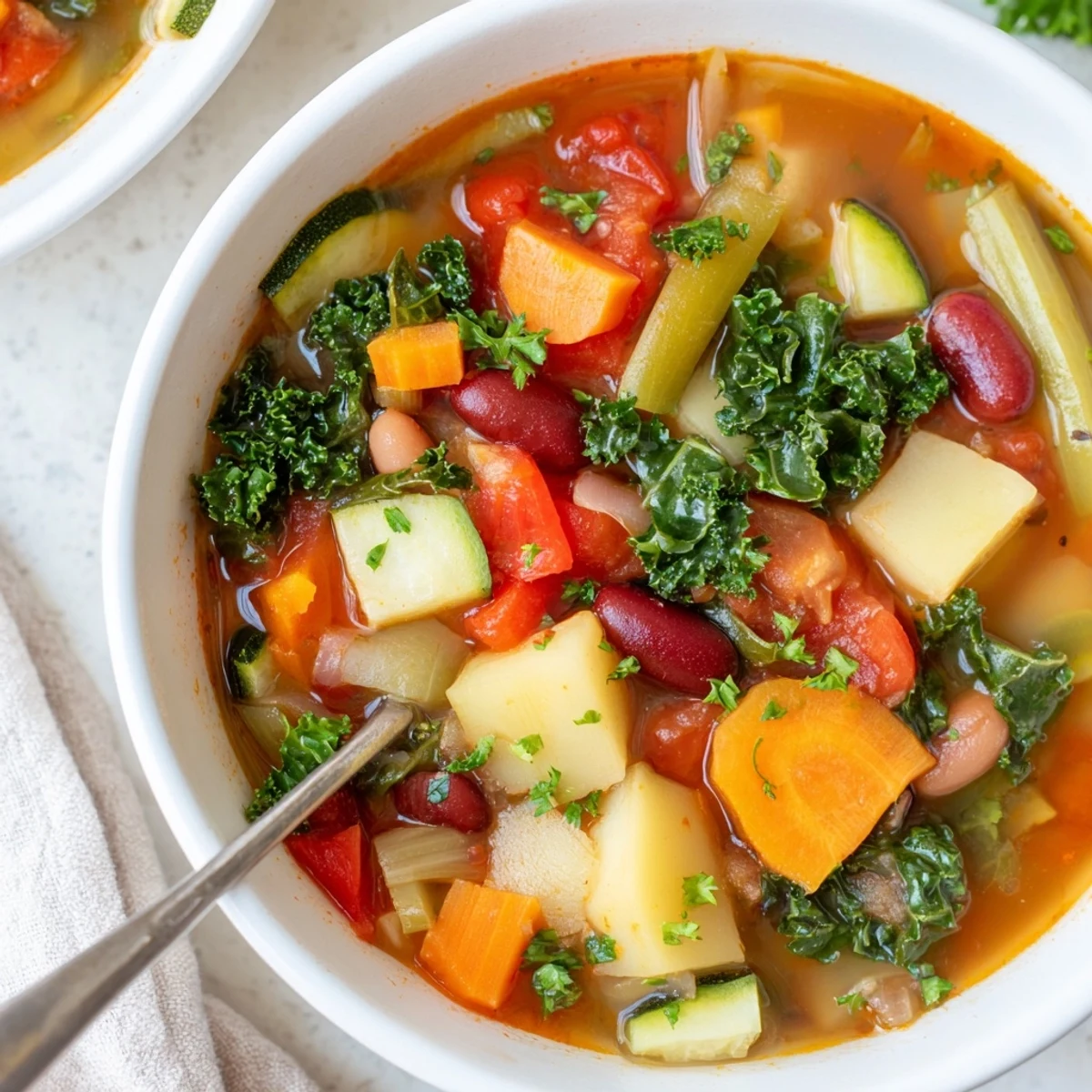 Rustic hearty vegetable and bean soup garnished with fresh parsley, served in a white ceramic bowl.