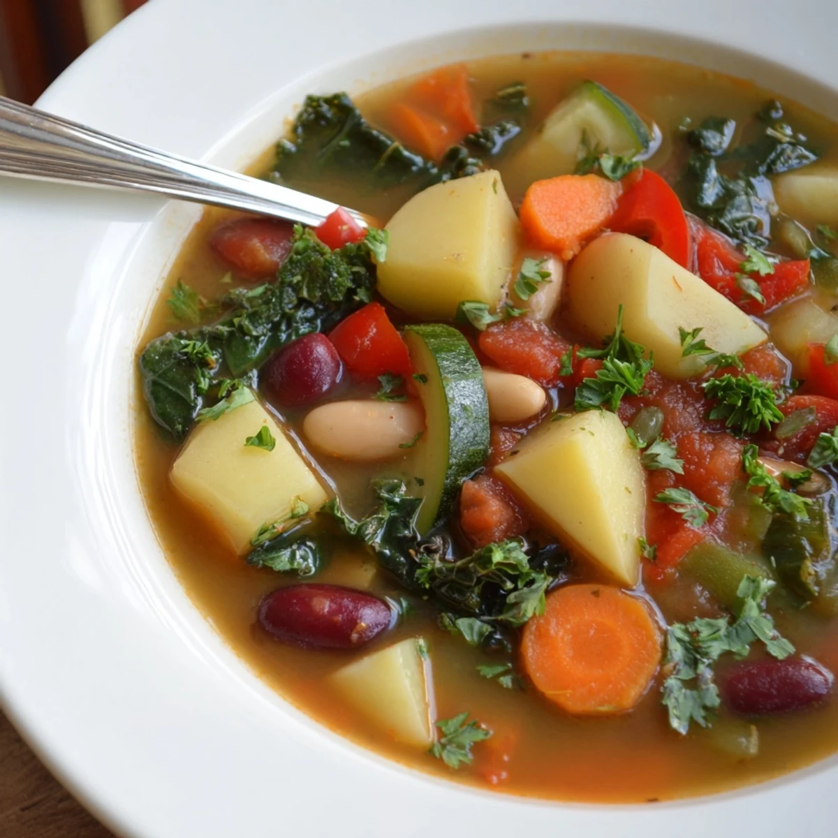 Comforting hearty vegetable and bean soup featuring potatoes, carrots, kale, and two types of beans simmering together.