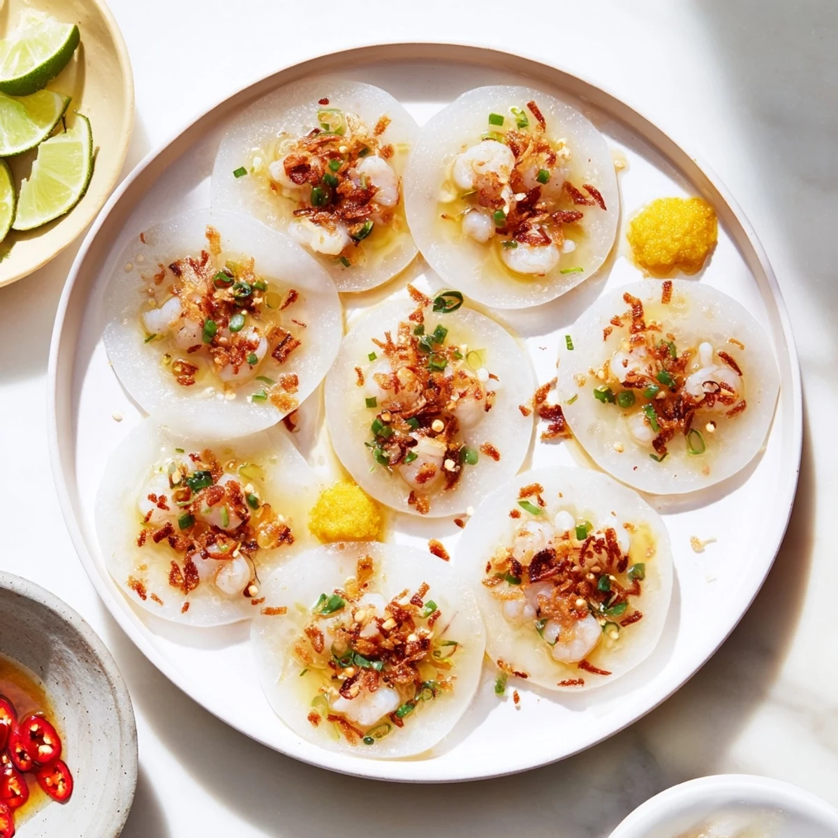 WhitereWhite plate holding Banh Beo steamed rice cakes topped with orange shrimp and green scallions.