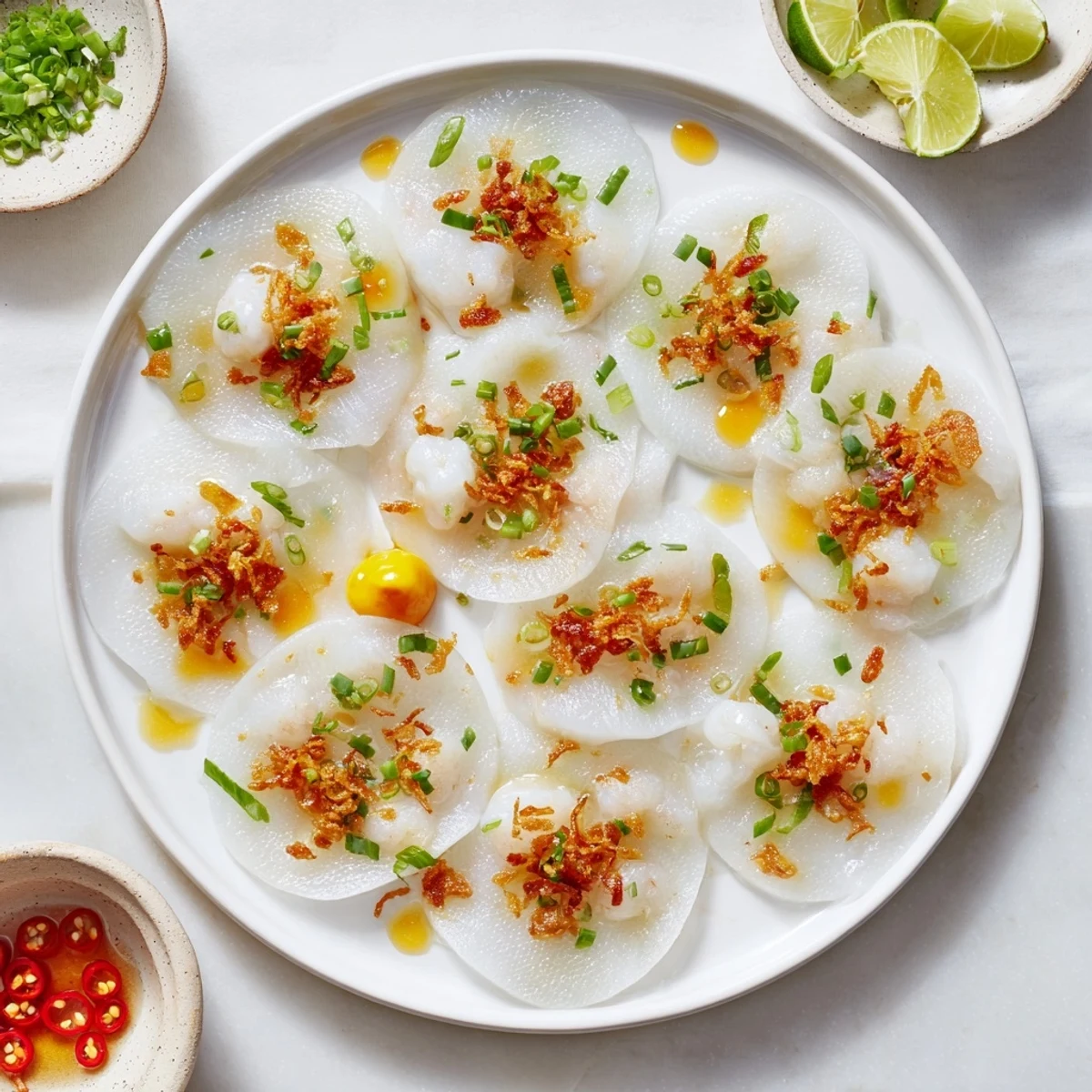 Individual Banh Beo cakes arranged on serving dish with savory shrimp topping and dipping sauce.
