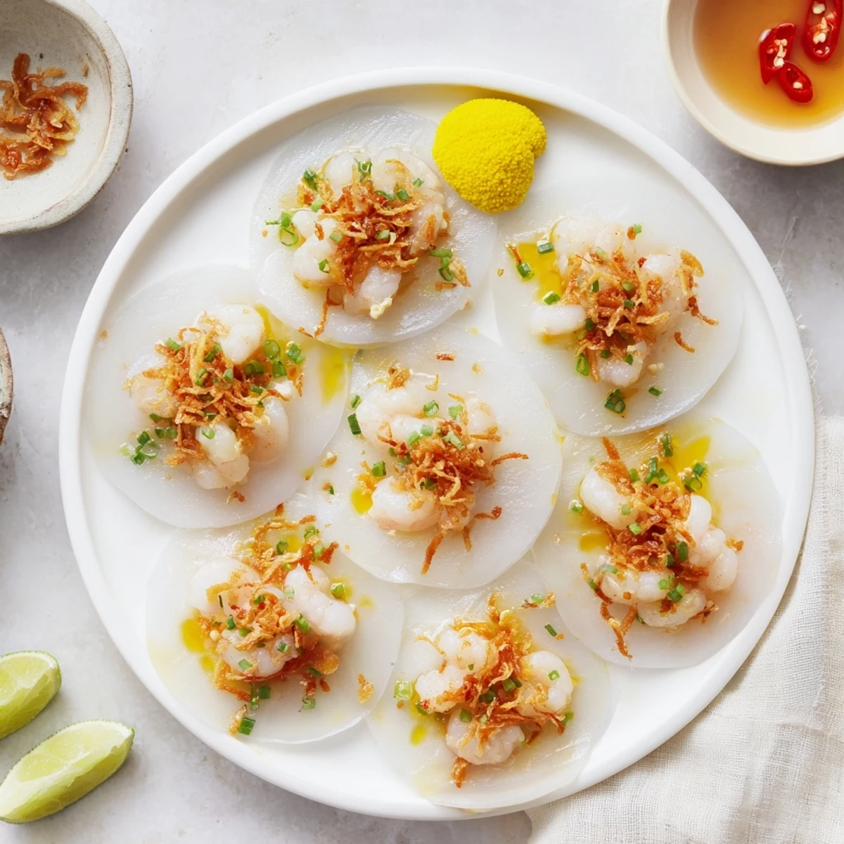 Close-up of Vietnamese Banh Beo garnished with crispy shallots, shrimp, and bright scallion oil.