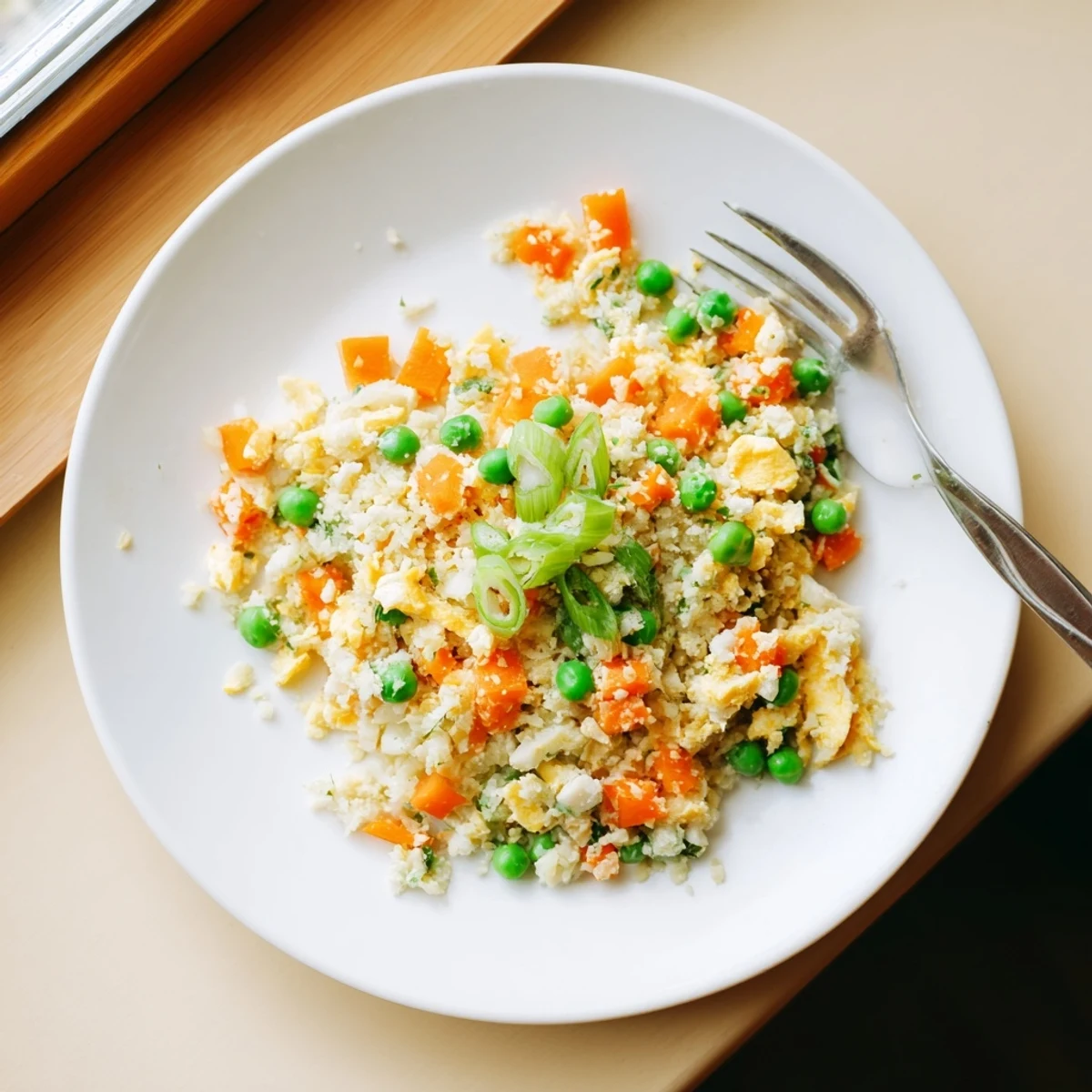 Golden cauliflower fried rice in a white bowl with colorful vegetables and scrambled egg pieces