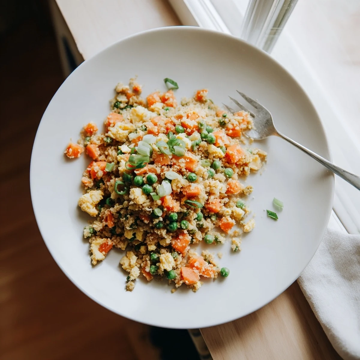 Steaming plate of low-carb cauliflower fried rice garnished with fresh green onions and sesame seeds