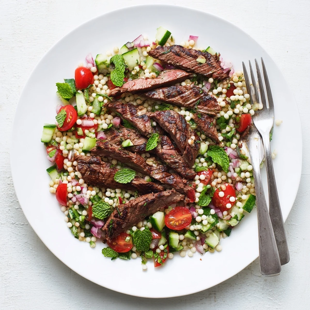 Juicy grilled skirt steak sliced thin over a colorful Mediterranean pearl couscous salad with fresh herbs