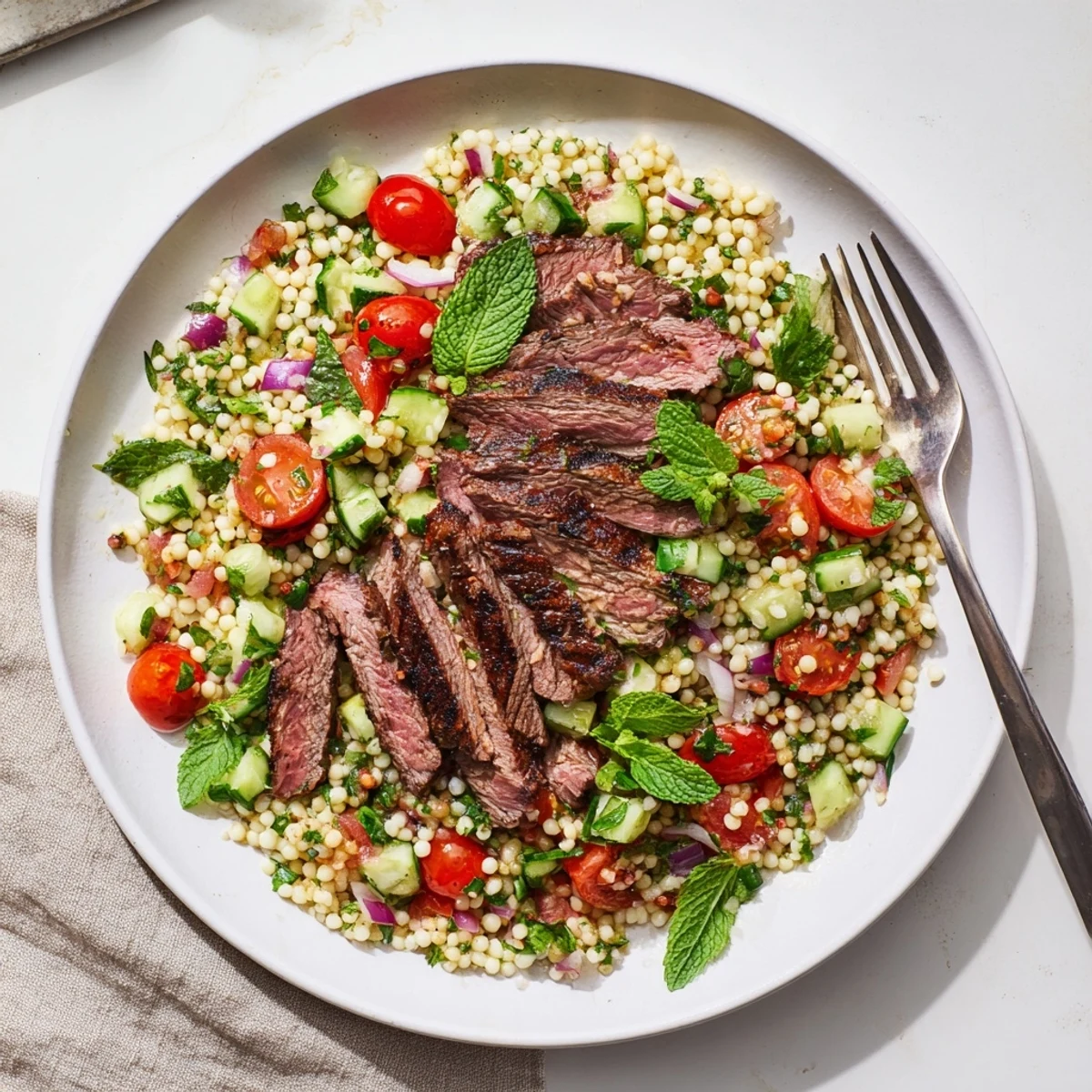 Perfectly charred skirt steak plated atop zesty pearl couscous salad featuring cherry tomatoes and crisp cucumber