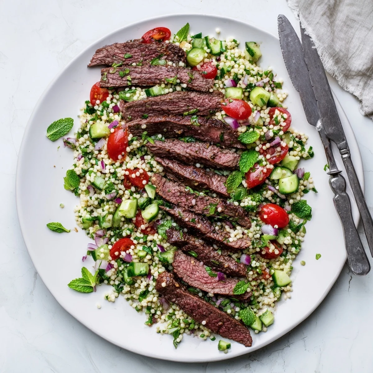 Tender grilled skirt steak served on a bed of vibrant pearl couscous salad with mint and parsley