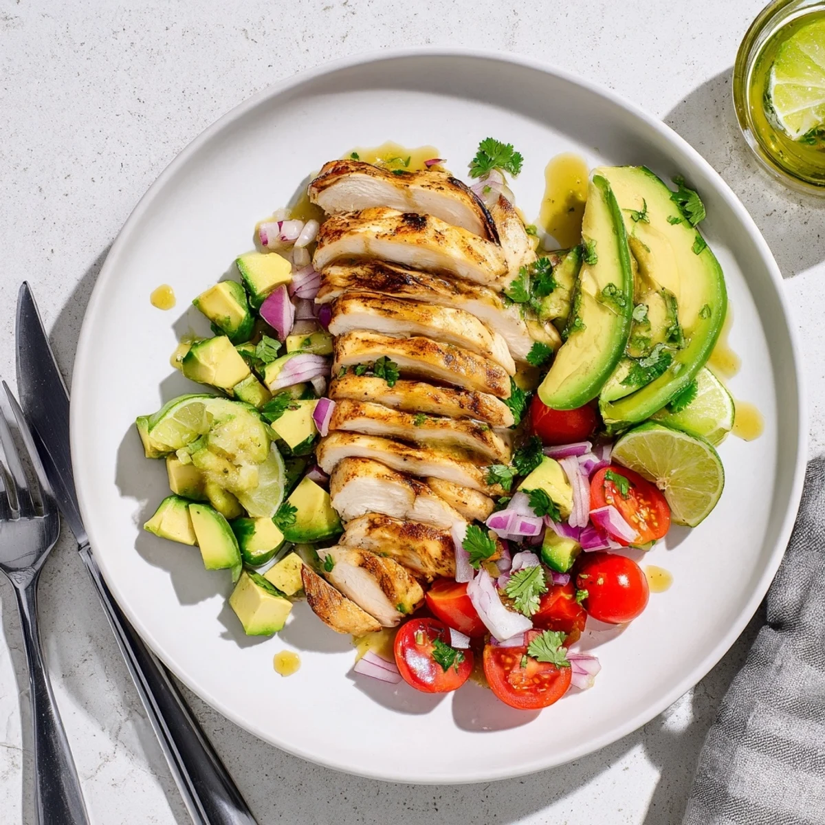 Golden pan-seared chicken breast slices atop fresh avocado salad with honey lime drizzle
