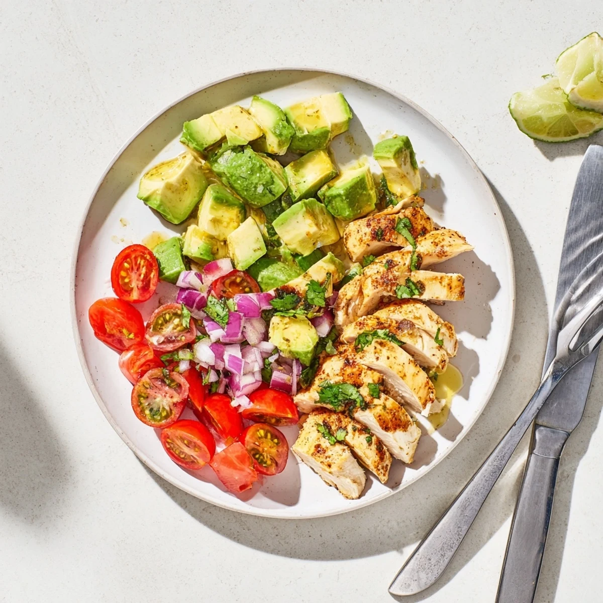 Juicy honey lime chicken served with creamy avocado chunks and vibrant cherry tomato salad
