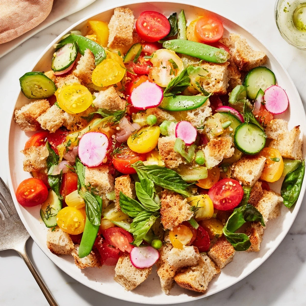 Golden toasted bread cubes tossed with vibrant spring vegetables in a colorful panzanella salad bowl