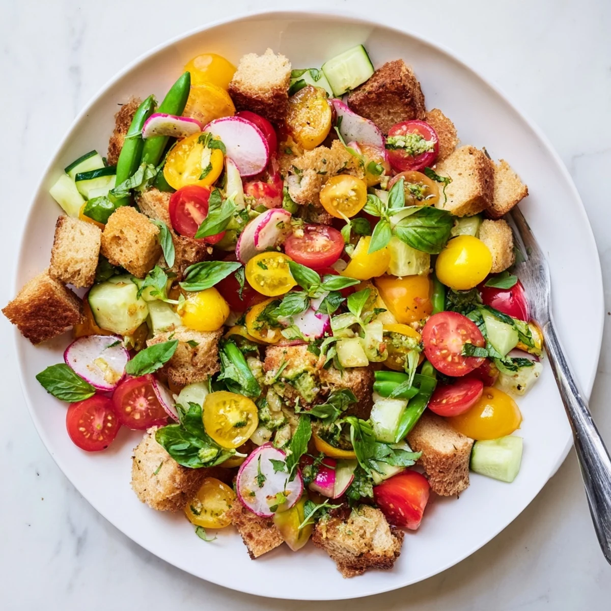 Fresh Italian panzanella featuring crisp cucumbers, juicy tomatoes, and aromatic fresh herbs on rustic wooden table