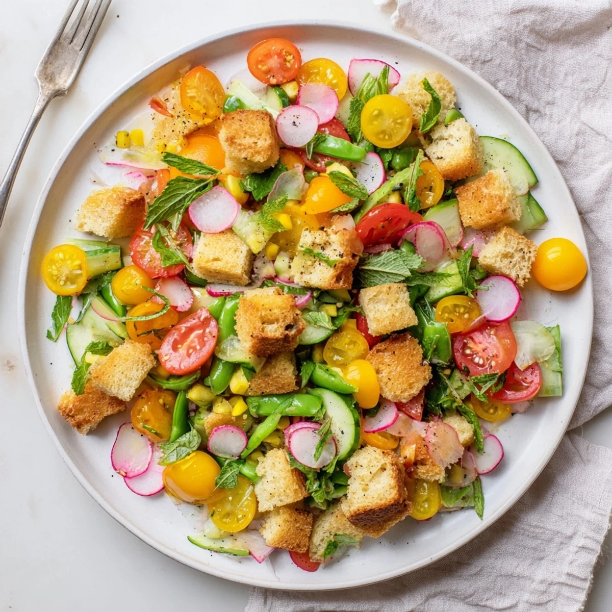 Vibrant spring panzanella salad with crunchy croutons, cherry tomatoes, and snap peas glistening in olive oil dressing