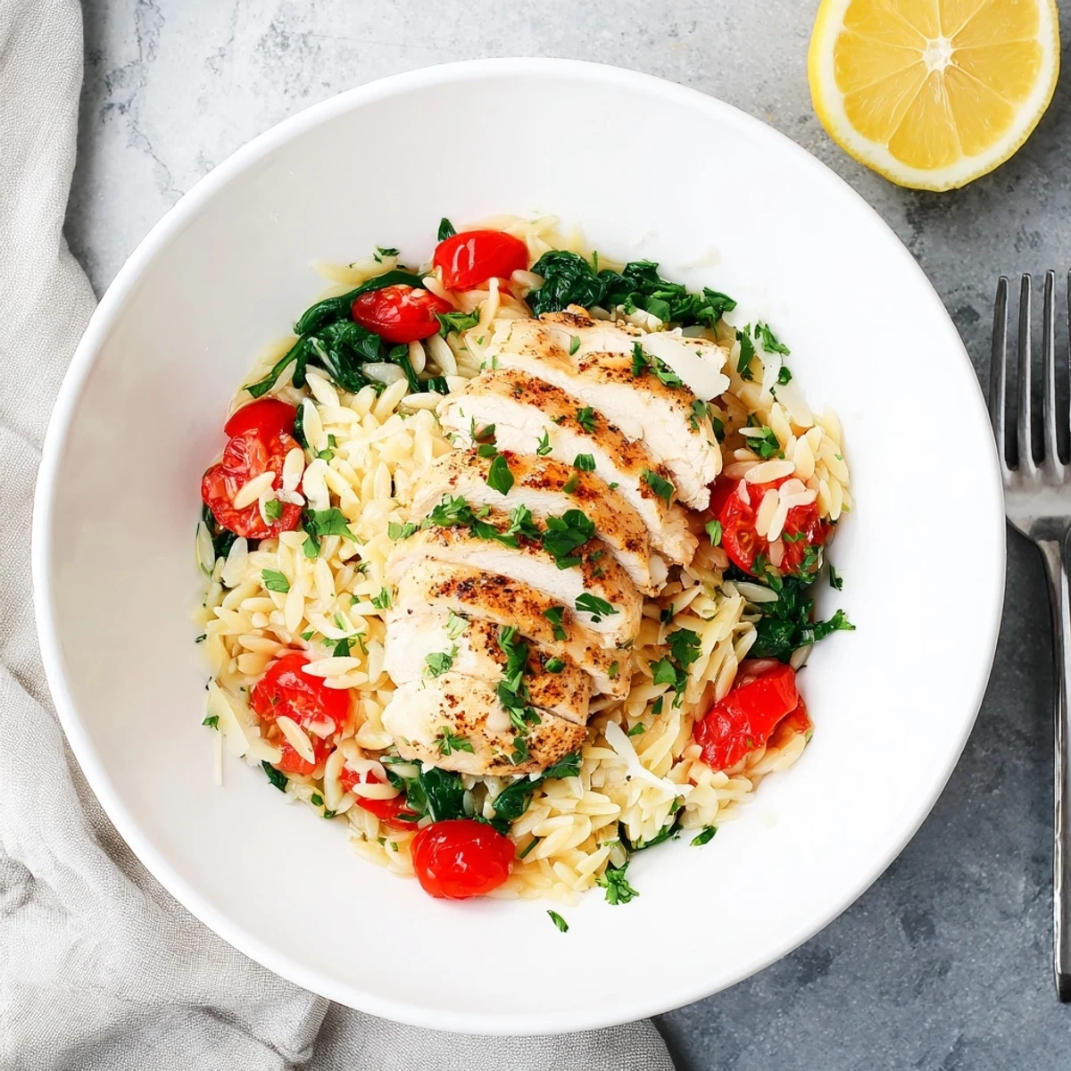 Golden seared chicken breasts resting atop creamy lemon herb orzo with vibrant cherry tomatoes and fresh spinach
