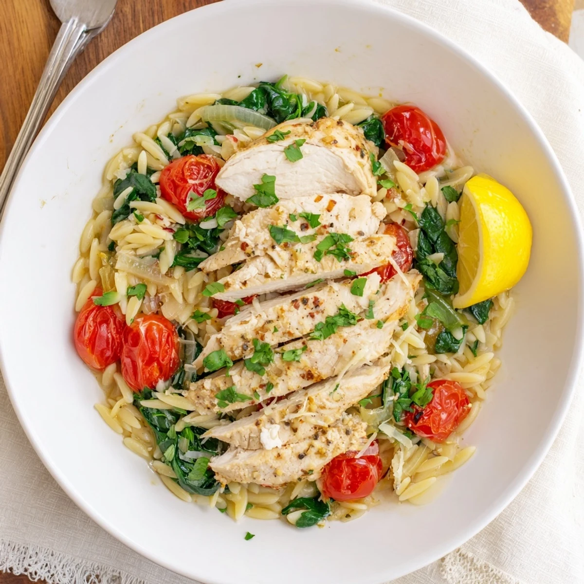 One skillet meal featuring tender orzo pasta simmered with chicken broth and bright lemon zest under juicy chicken