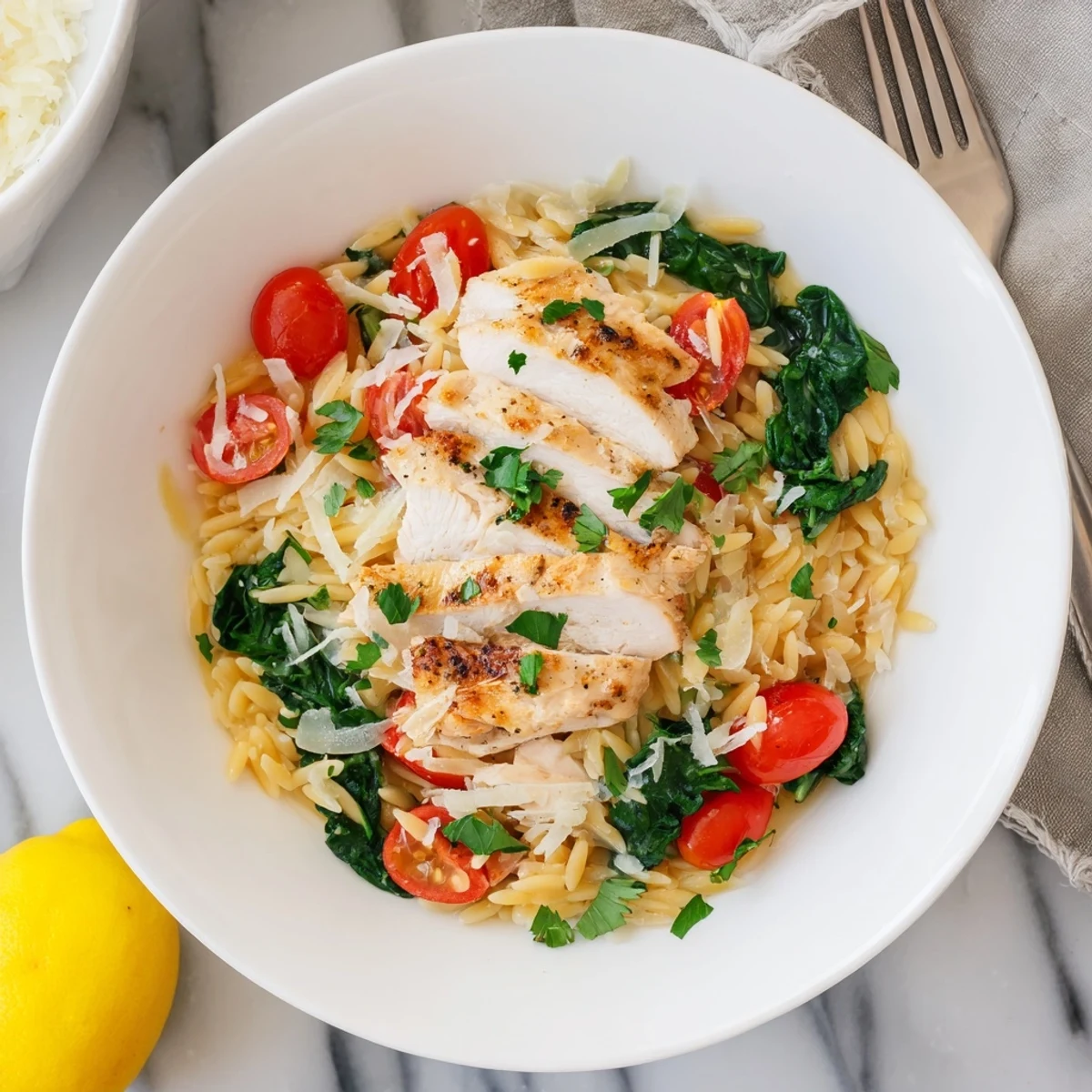 Mediterranean style chicken and orzo finished with melted Parmesan and parsley in a single pan for easy cleanup