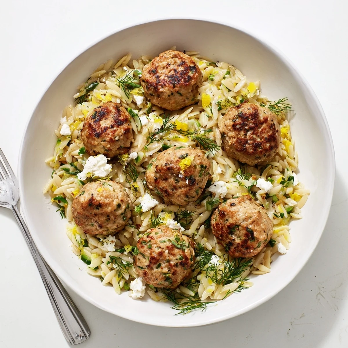 Golden brown Greek chicken meatballs served over bright lemon orzo with fresh dill garnish