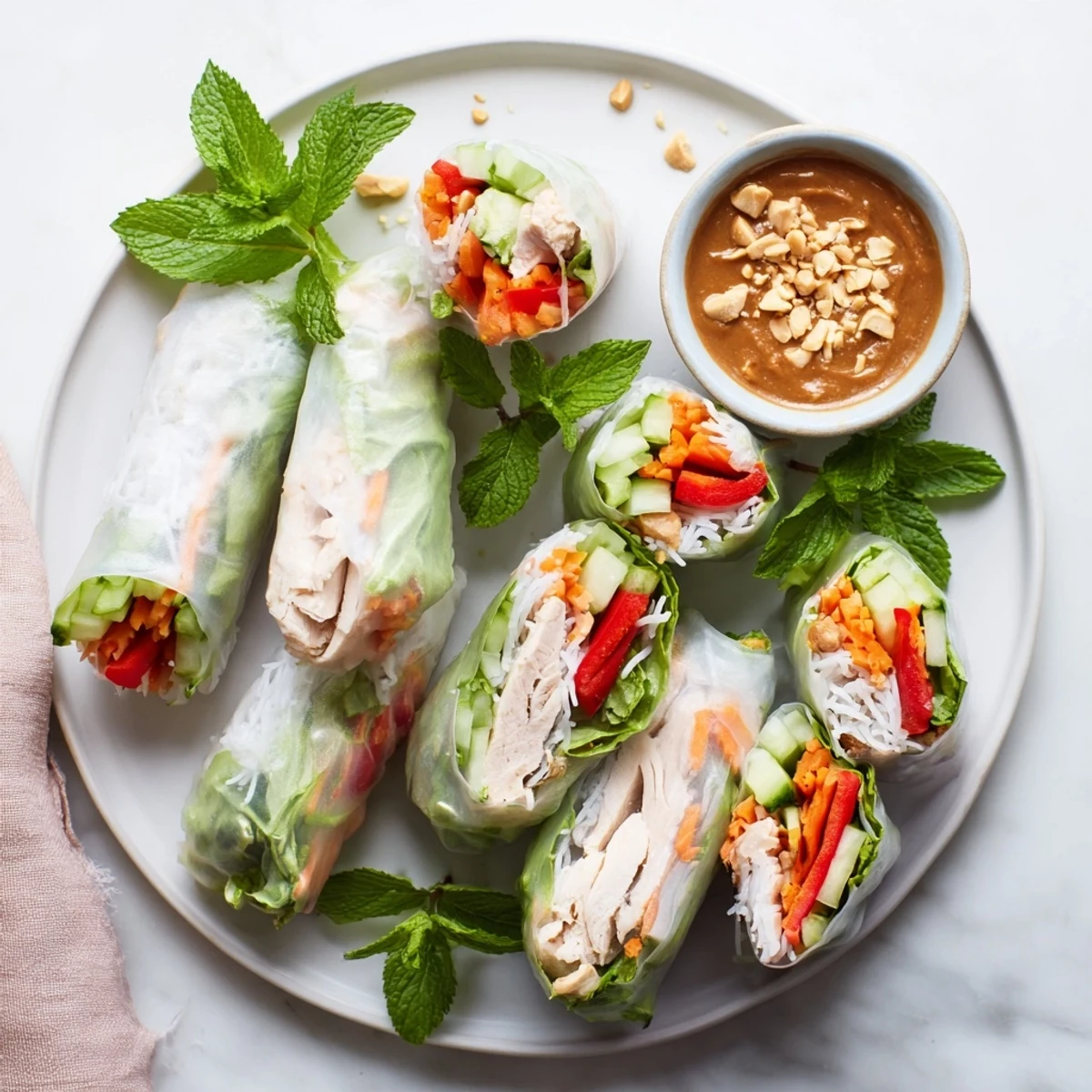 Golden Vietnamese summer rolls with chicken displaying colorful vegetables through translucent rice paper wrapper
