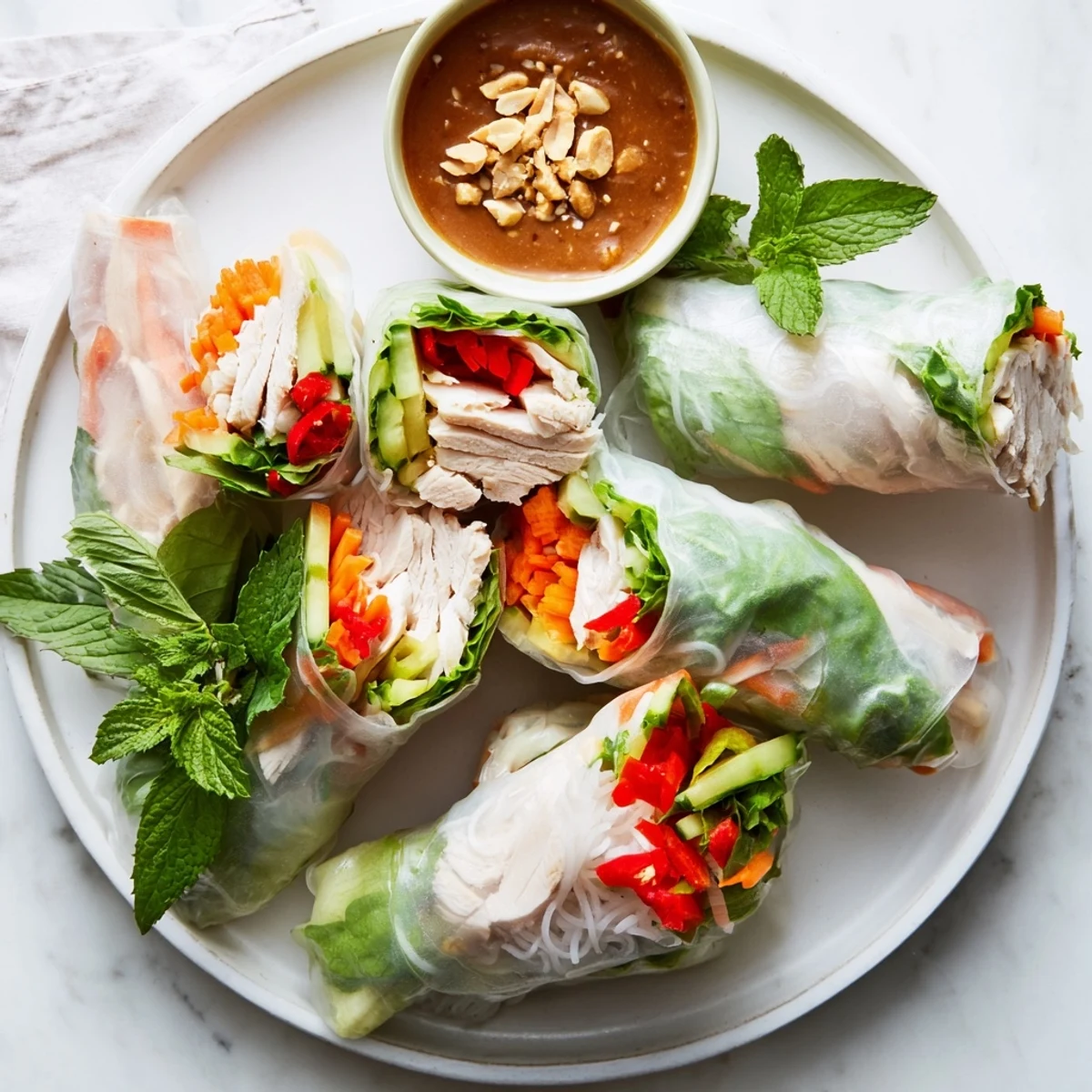 Plate of Vietnamese summer rolls with chicken served alongside creamy hoisin peanut dipping sauce garnish