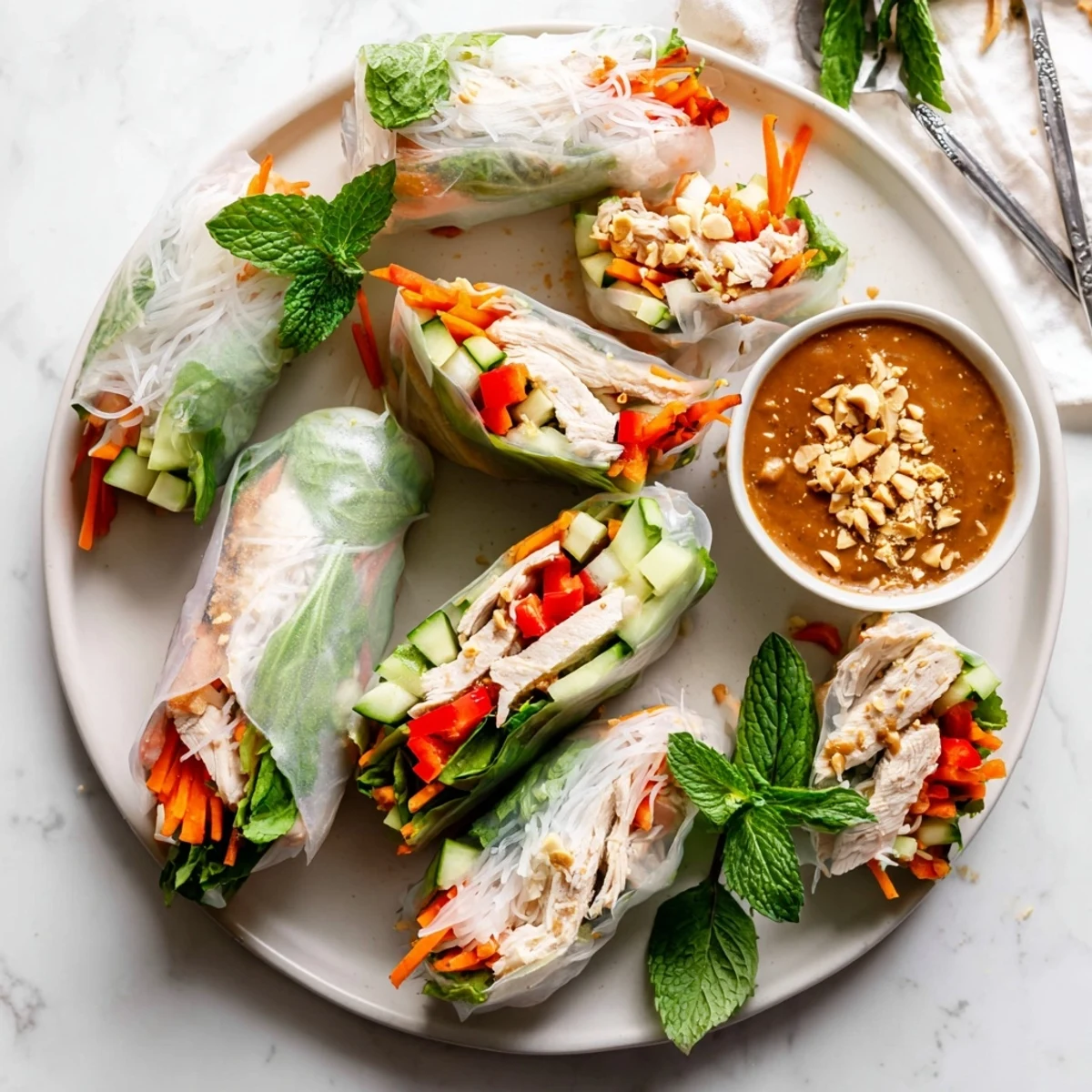 Fresh Vietnamese summer rolls with chicken sliced in half revealing vibrant mint and cilantro layers
