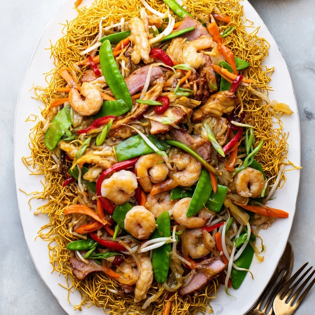 Cantonese chow mein served family style with bean sprouts char siu and thick glossy sauce