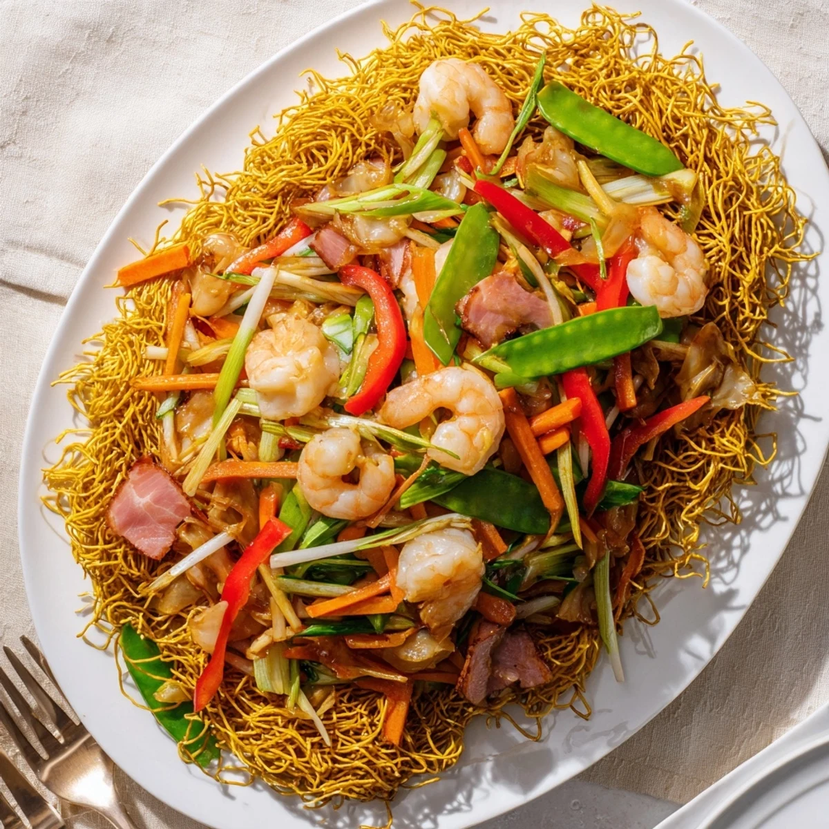 Golden crispy Cantonese chow mein topped with colorful stir-fried vegetables and savory meat sauce