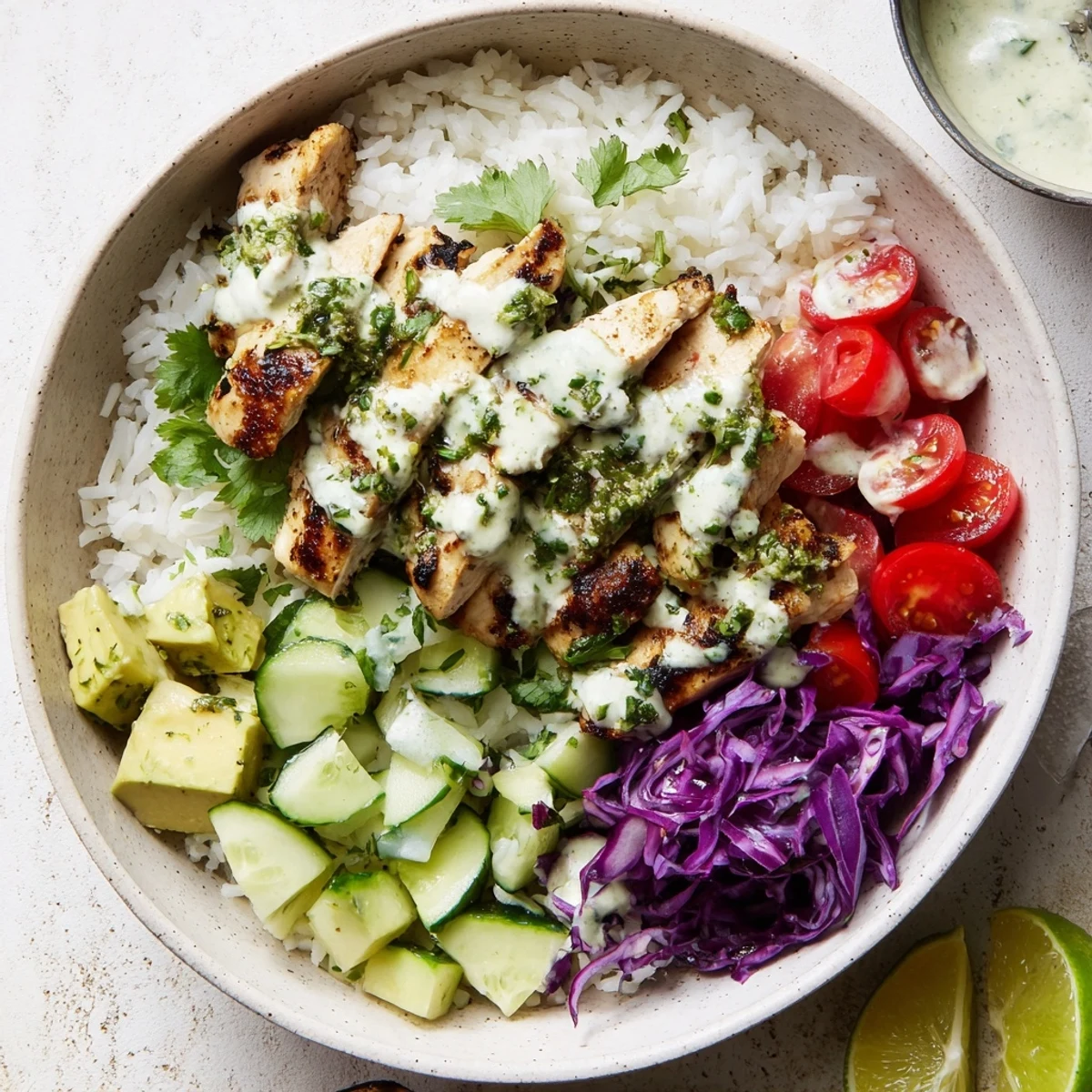 Juicy chimichurri grilled chicken bowl with fresh vegetables and creamy garlic sauce over rice