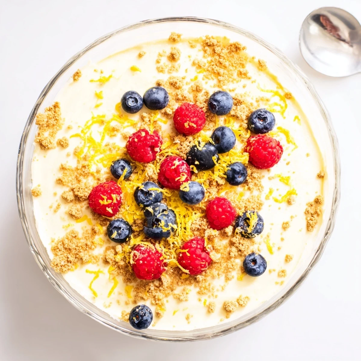 Creamy lemon cheesecake mousse topped with fresh berries and lemon zest in clear glass
